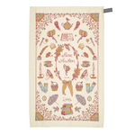Tea towel with hand drawn illustrations of Jane Austen inspired objects on a natural cotton background