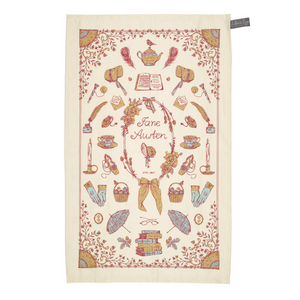 Tea towel with hand drawn illustrations of Jane Austen inspired objects on a natural cotton background