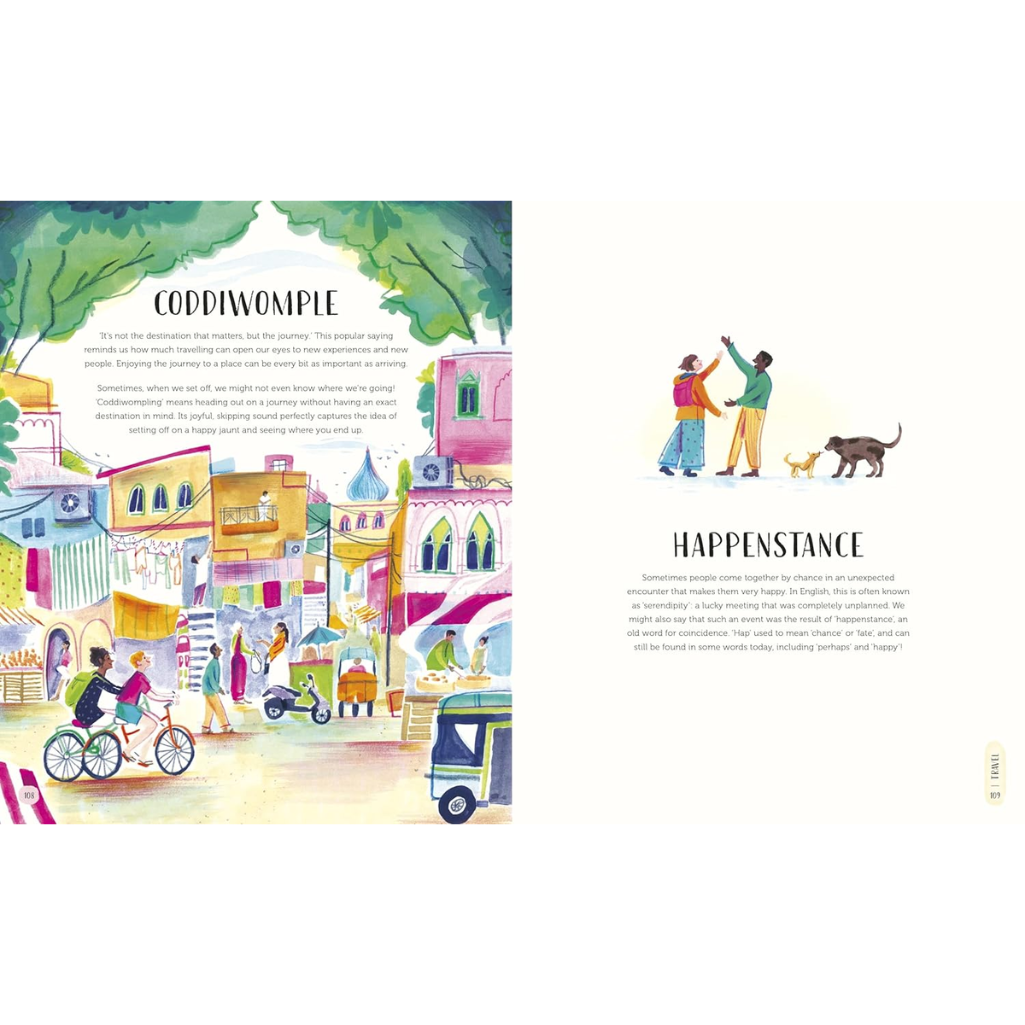 Illustrated page from a book with colorful buildings and people on a white background