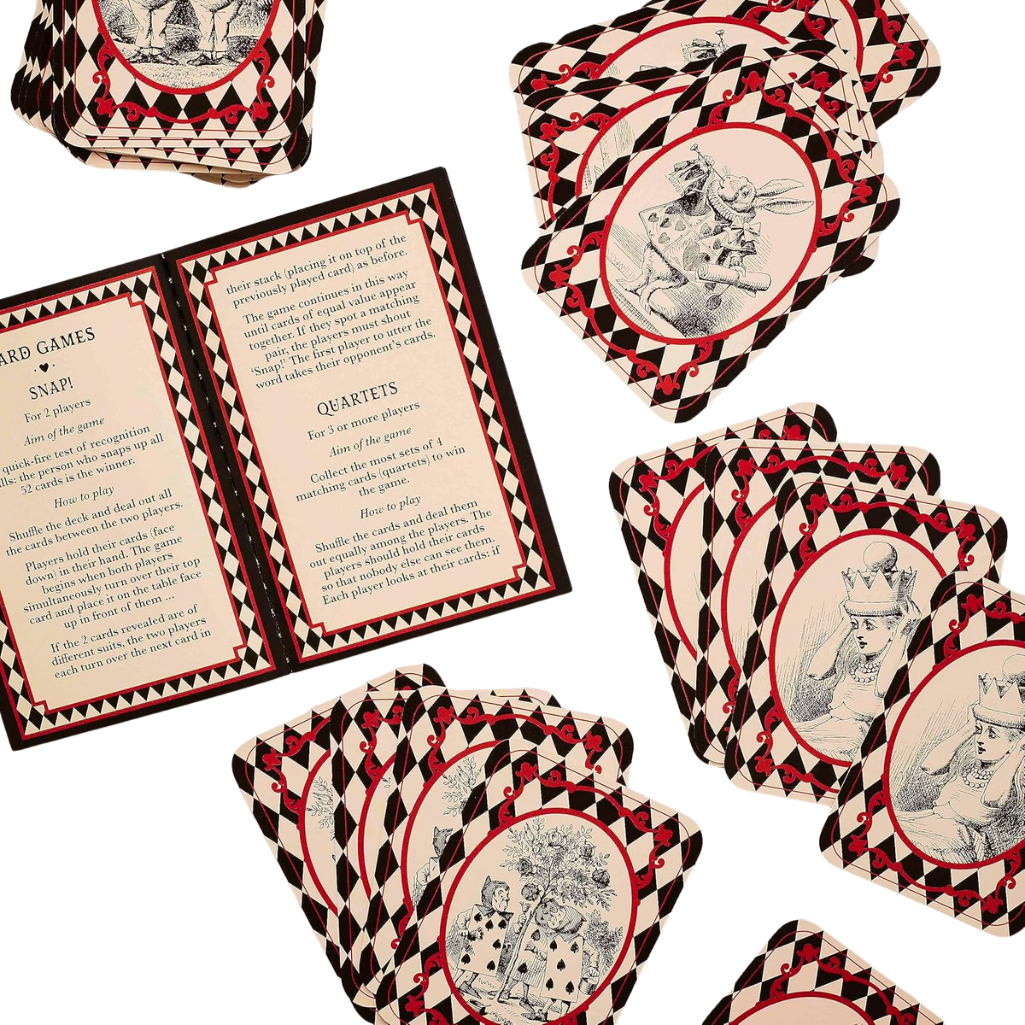 Set of playing cards with decorative borders and illustrations on a white background