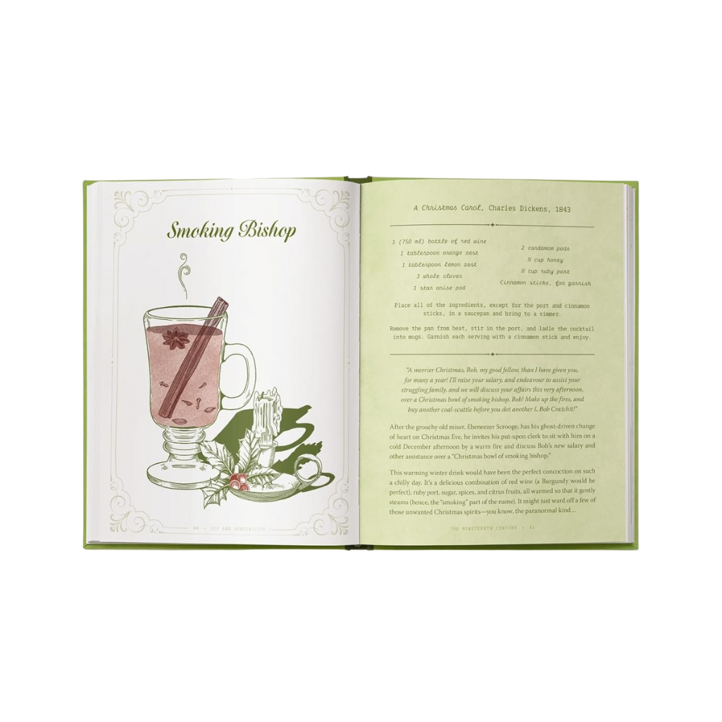 Open book with a illustration of a drink and text on a white background