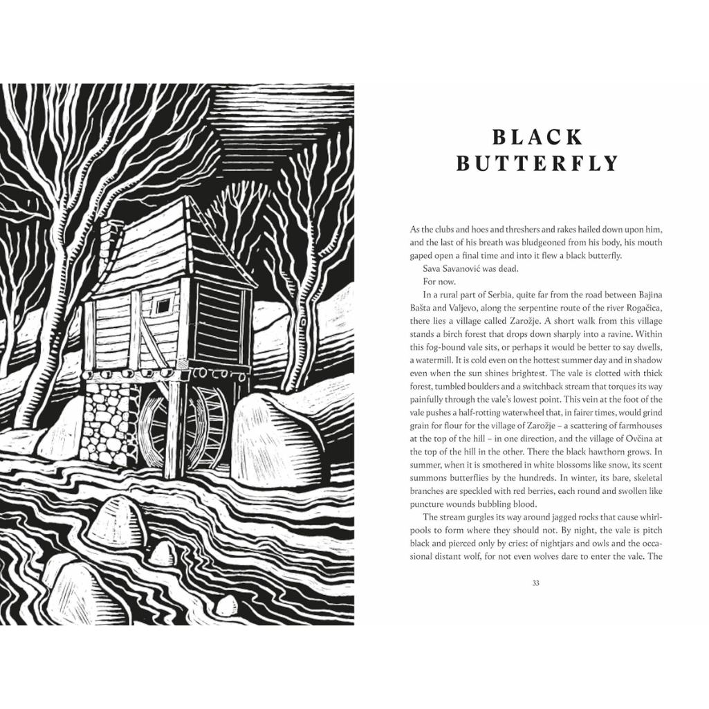 Page from a book with black and white illustration of a cabin in the woods and text on the right.