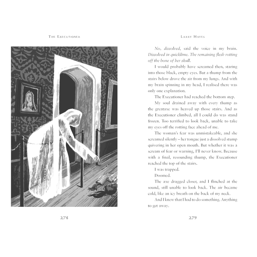 Illustration of a ghostly figure in a hooded robe in a room with a door, next to text on a white background.
