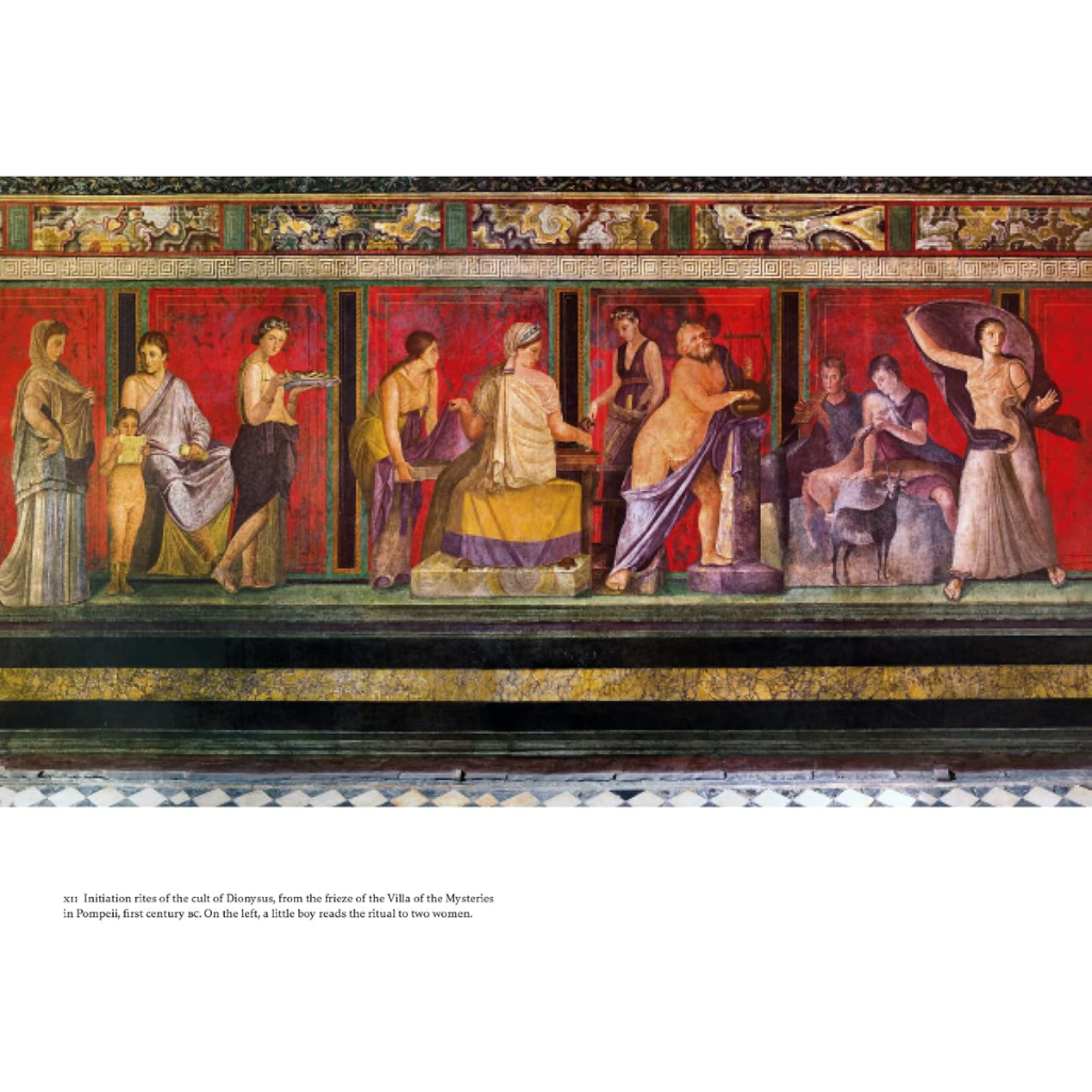 Fresco depicting a Roman scene with people and animals on a red background