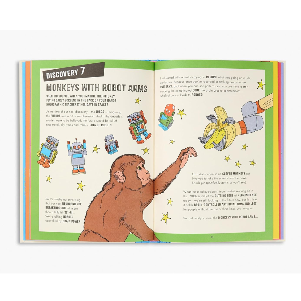Open book showing a page with illustrations of monkeys with robot arms and text.