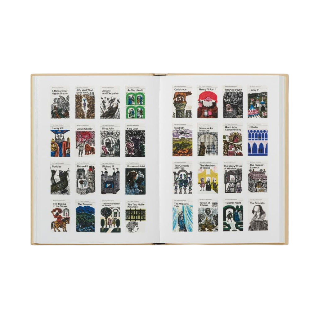 Open book displaying a grid of small images on a white background