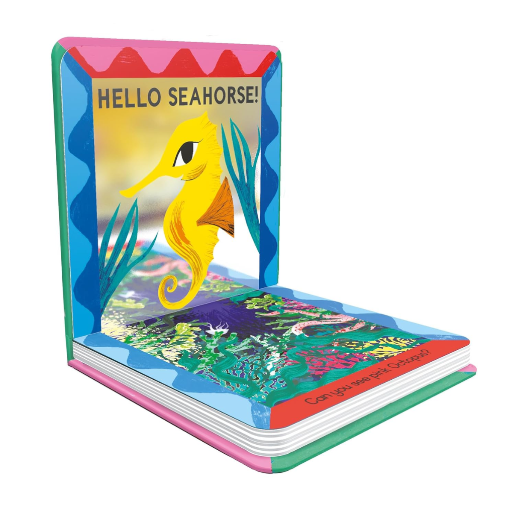 Colorful children's book with a seahorse illustration on a white background