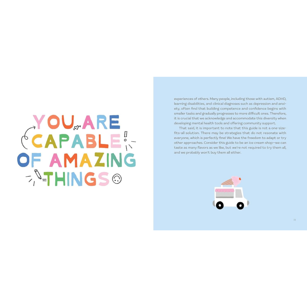 Motivational quote 'You are capable of amazing things' with a colorful text design on a white background, accompanied by a small ice cream truck illustration on a blue background.