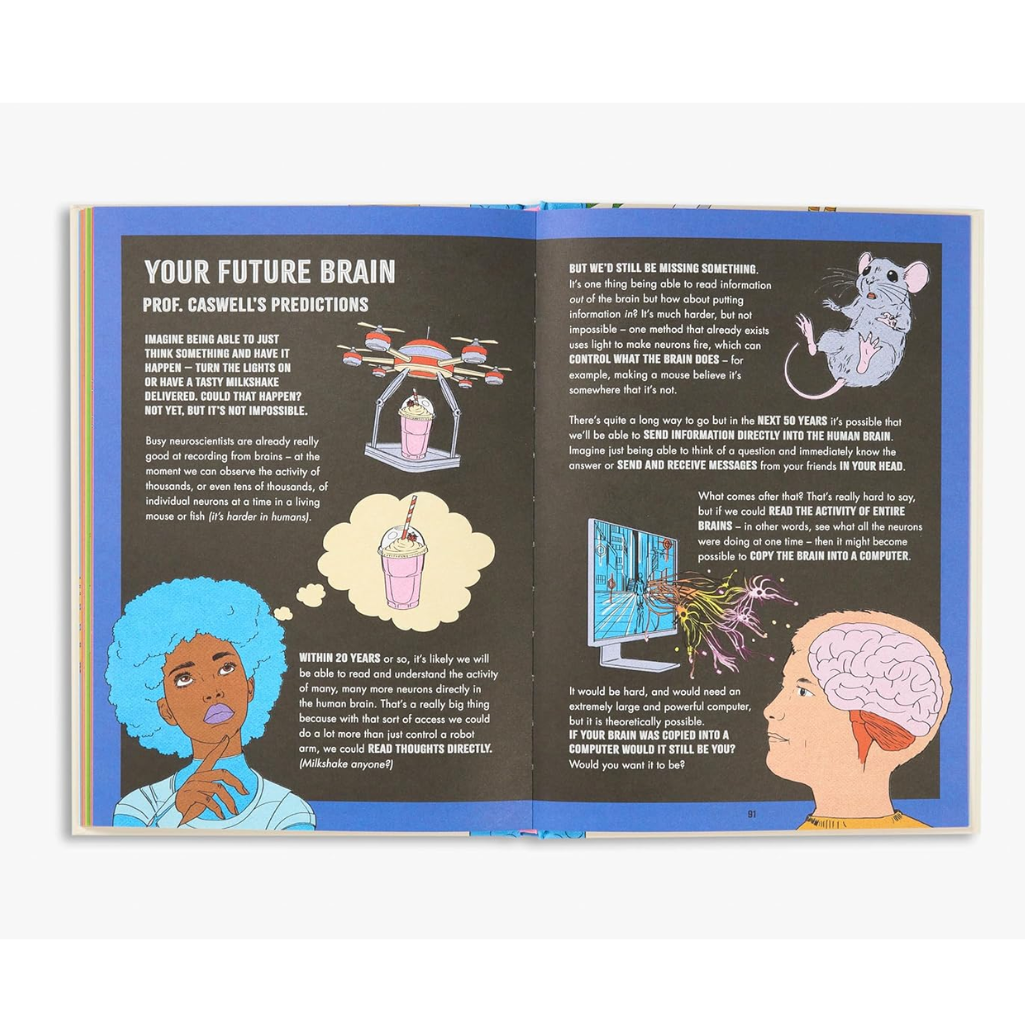 Open book with illustrations and text on a white background