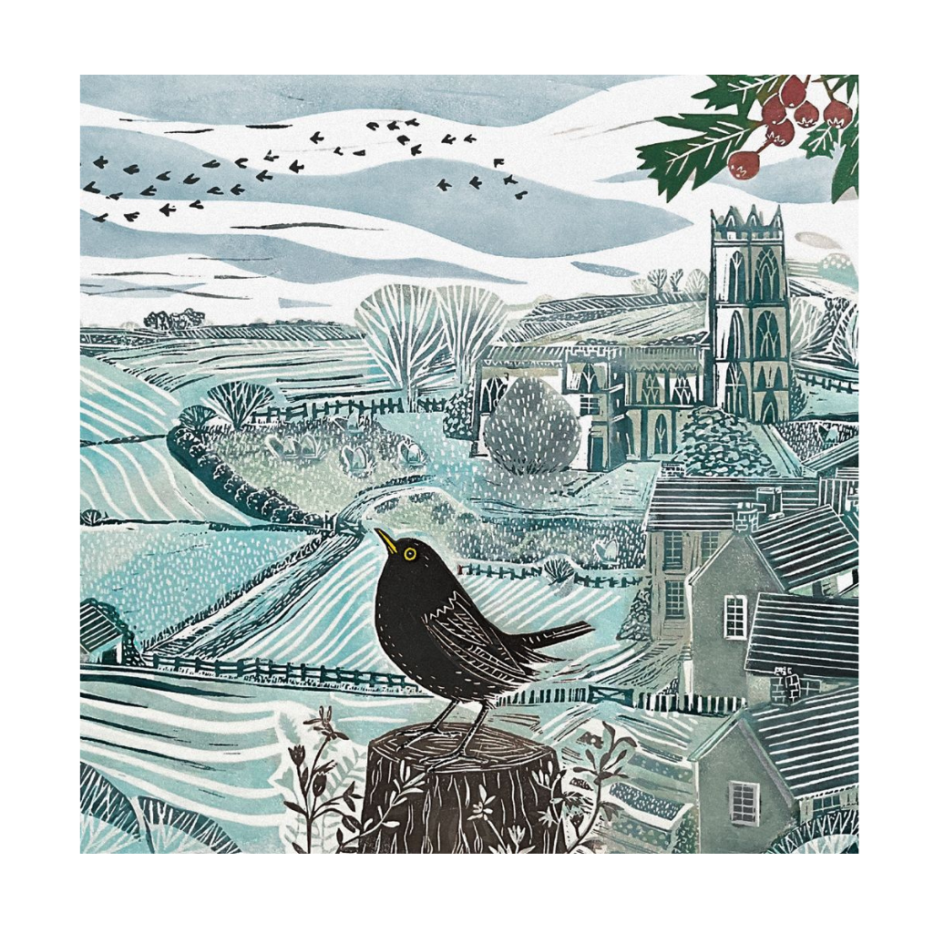 Pack of christmas cards, image of countryside with blackbird