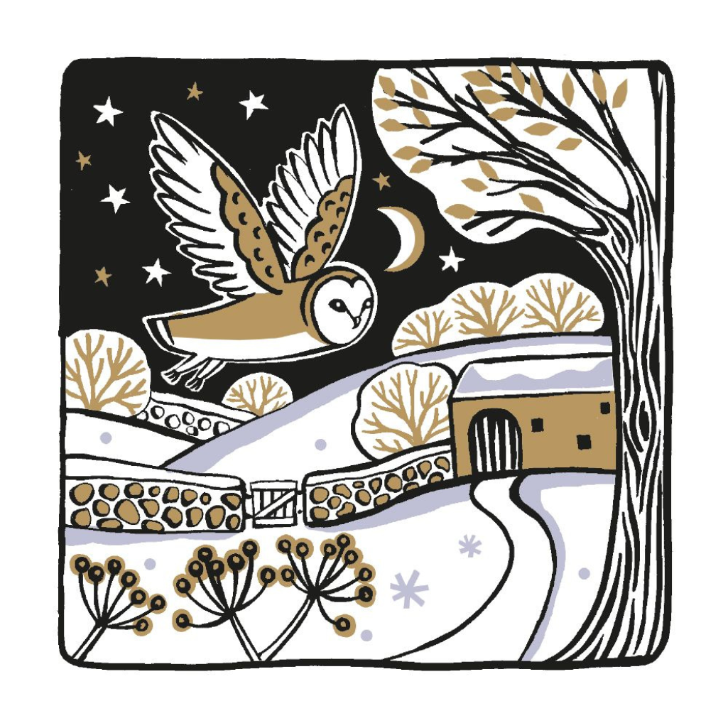 Christmas card with owl in black, gold, white