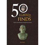 Book cover with '50 LGBTQ+ Finds' text and images of artifacts on a dark background