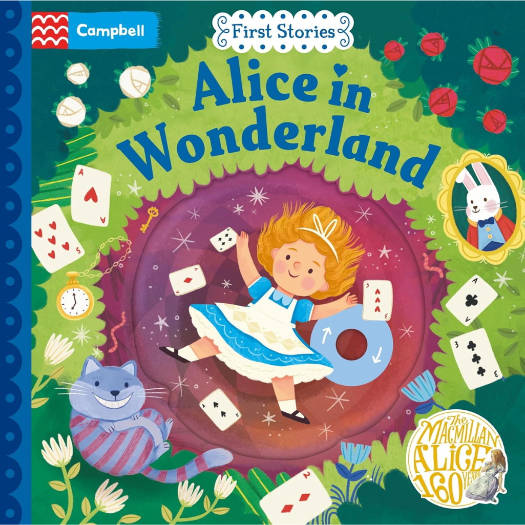 Book cover of 'Alice in Wonderland' by Campbell, featuring colorful illustrations and text.