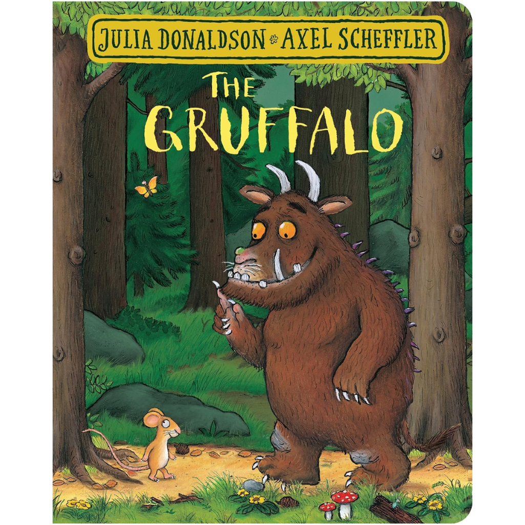 Book cover of 'The Gruffalo' with the Gruffalo and a mouse in a forest setting.