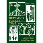 Book cover of 'Britain's Folklore Year' with illustrations and text on a green background