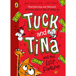 Book cover of 'Tuck and Tina and the Lost Fortune' with cartoon characters and red background