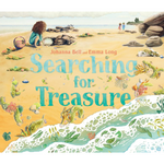 Book cover of 'Searching for Treasure' with a beach scene and children playing.