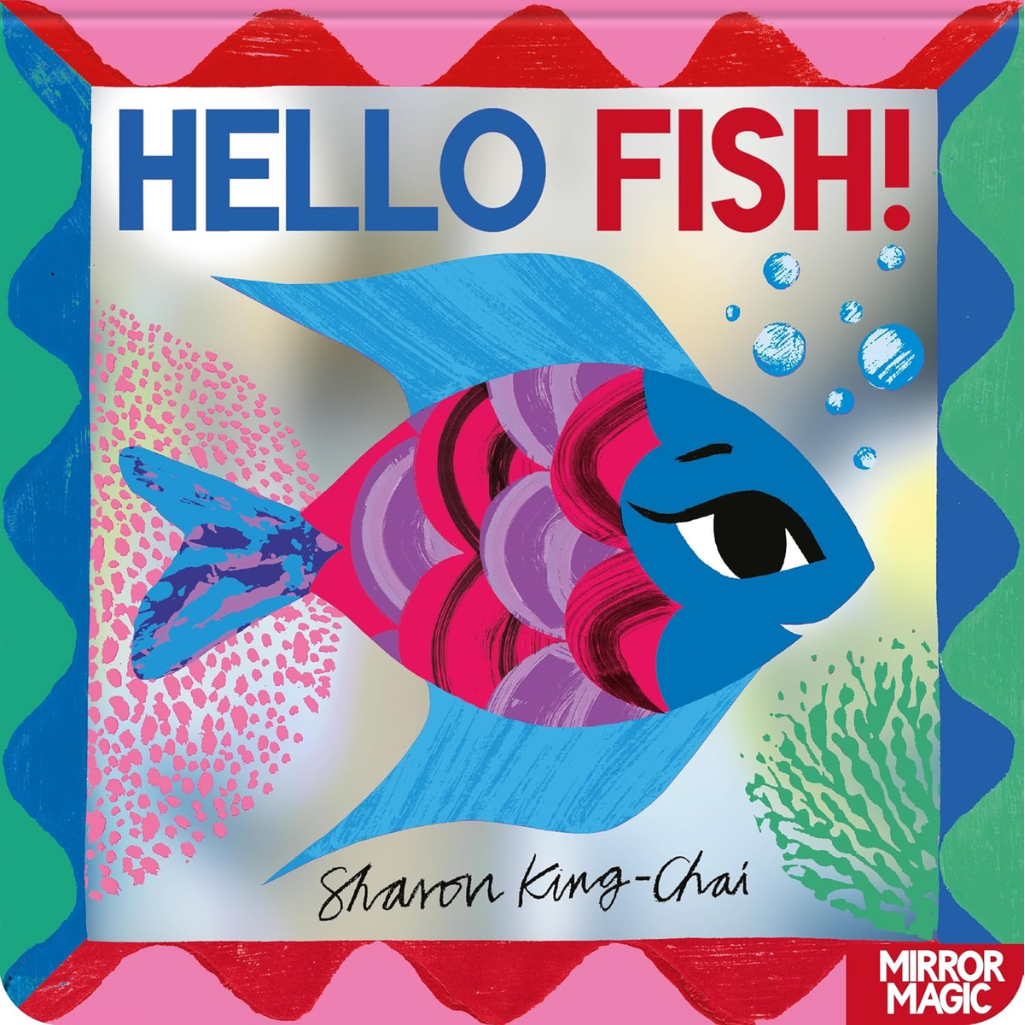 Book cover of 'Hello Fish!' with a colorful fish illustration and vibrant border.