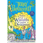 Book cover of 'Tales of Wizards and Dragons' by Terry Pratchett with colorful illustrations of wizards and dragons.