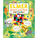 Book cover of 'Elmer Search and Find Animals' with colorful illustrations of animals and Elmer the elephant.