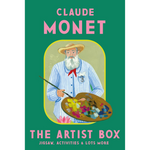 Book cover of 'Claude Monet: The Artist Box' with a stylized illustration of Monet holding a palette on a green background.