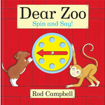 Book cover of 'Dear Zoo: Spin and Say!' by Rod Campbell with a red background and spinning wheel.