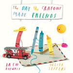 Book cover of 'The Day the Crayons Made Friends' with colorful crayon characters and a toy truck.