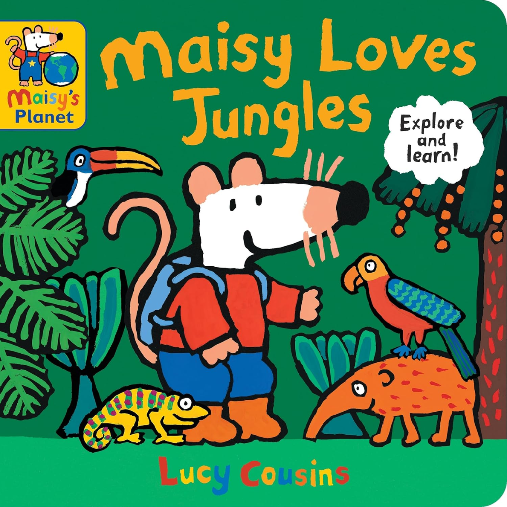 Book cover of 'Maisy Loves Jungles' with a mouse character and jungle animals on a green background.