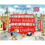 Book cover of 'Peter Rabbit Goes to London' with a red double-decker bus and London landmarks.