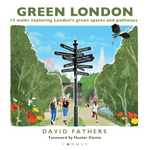 Book cover of 'Green London' with illustrations of people walking in a park and a signpost.