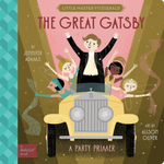 Book cover of 'The Great Gatsby' with characters around a vintage car, featuring Jennifer Adams and Alison Oliver.