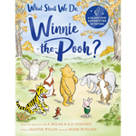 Book cover of 'What Shall We Do, Winnie-the-Pooh?' with illustrated characters in a forest setting.