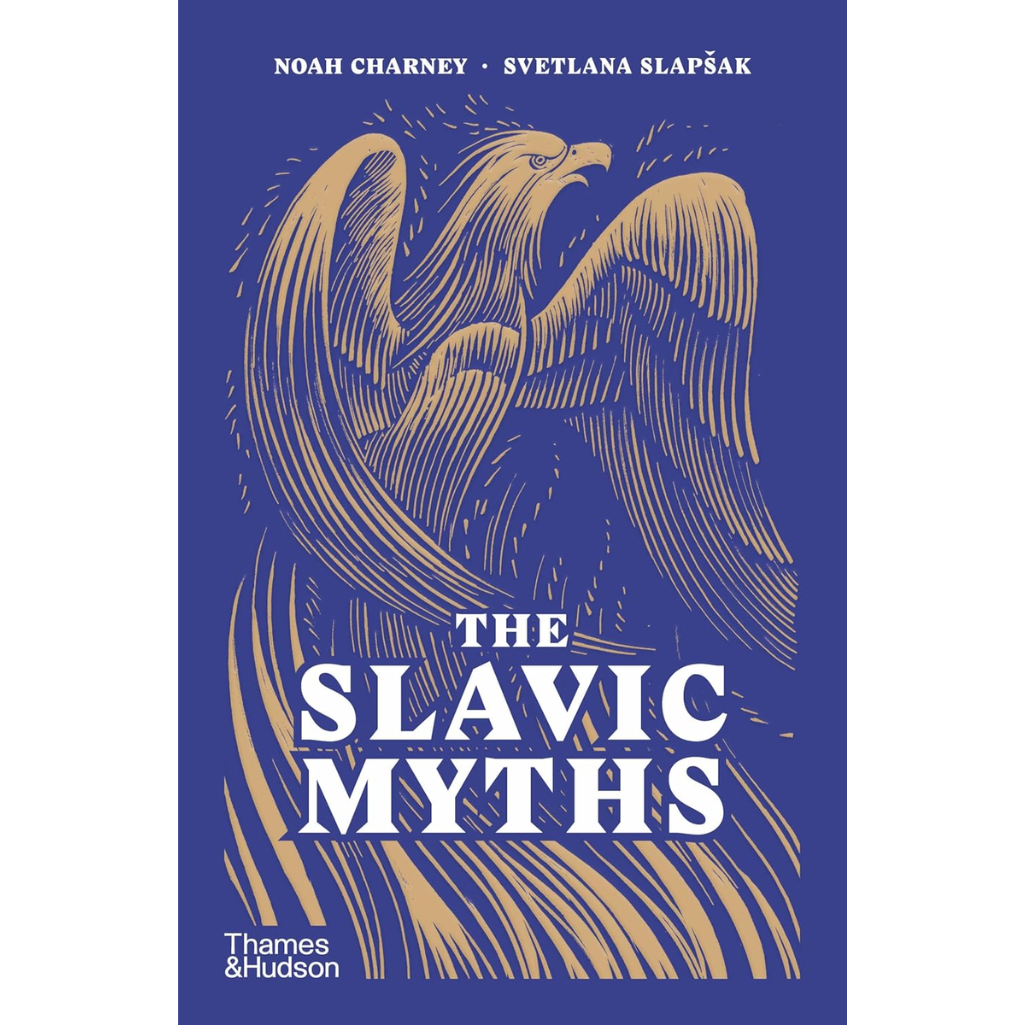 Book cover of 'The Slavic Myths' with an eagle illustration on a blue background