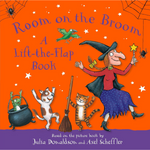 Book cover of 'Room on the Broom' with a witch, animals, and spider decorations on an orange background.