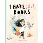 Book cover with illustration of a person and cat, text 'I ❌ LOVE BOOKS' on a pastel background