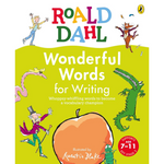 Book cover of 'Wonderful Words for Writing' by Roald Dahl with colorful illustrations on a green background.