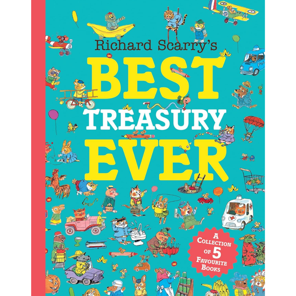 Book cover of 'Richard Scarry's Best Treasury Ever' with colorful illustrations and text.