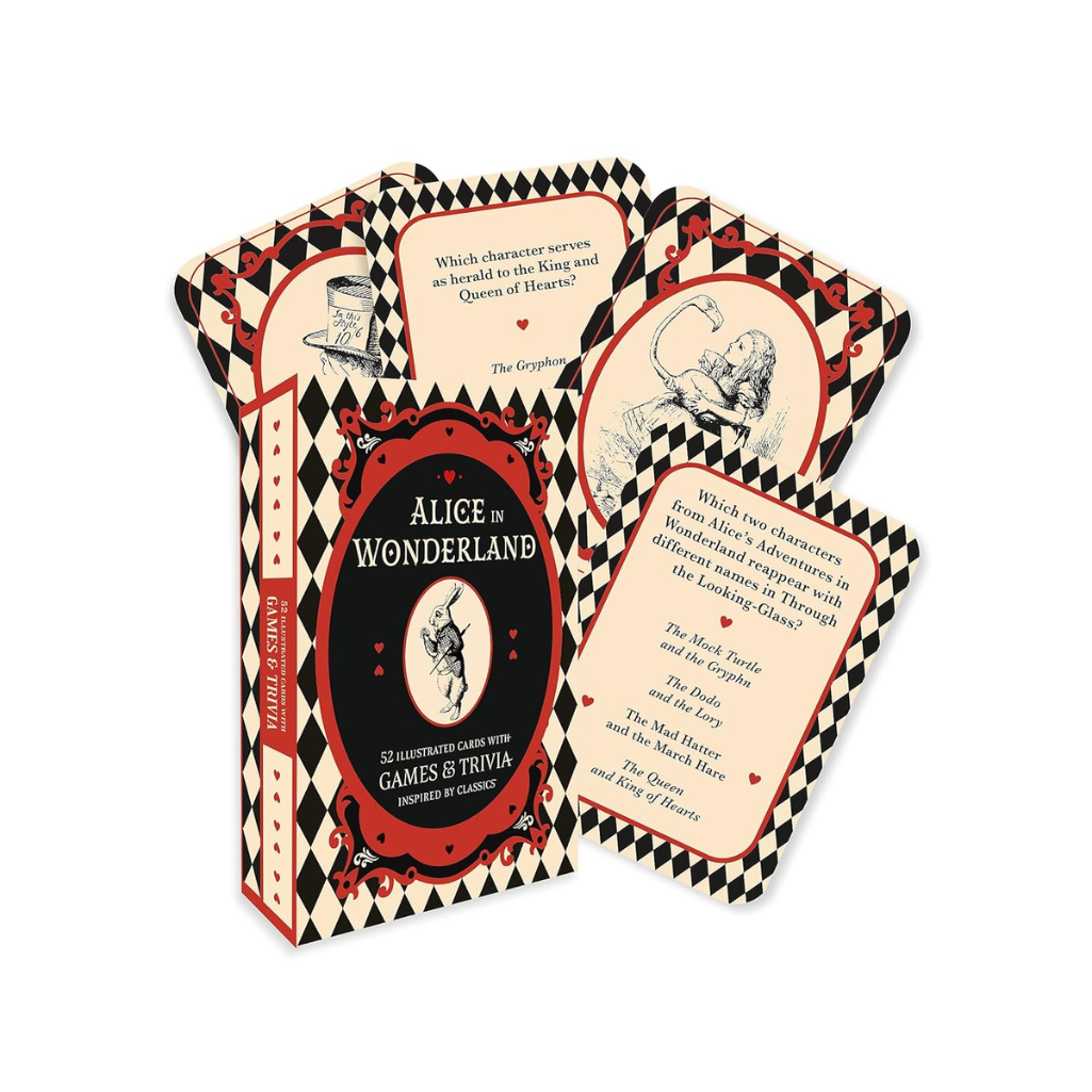 Alice in Wonderland playing card box with checkered design and character illustrations.