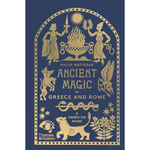 Book cover of 'Ancient Magic in Greece and Rome' with gold illustrations on a blue background