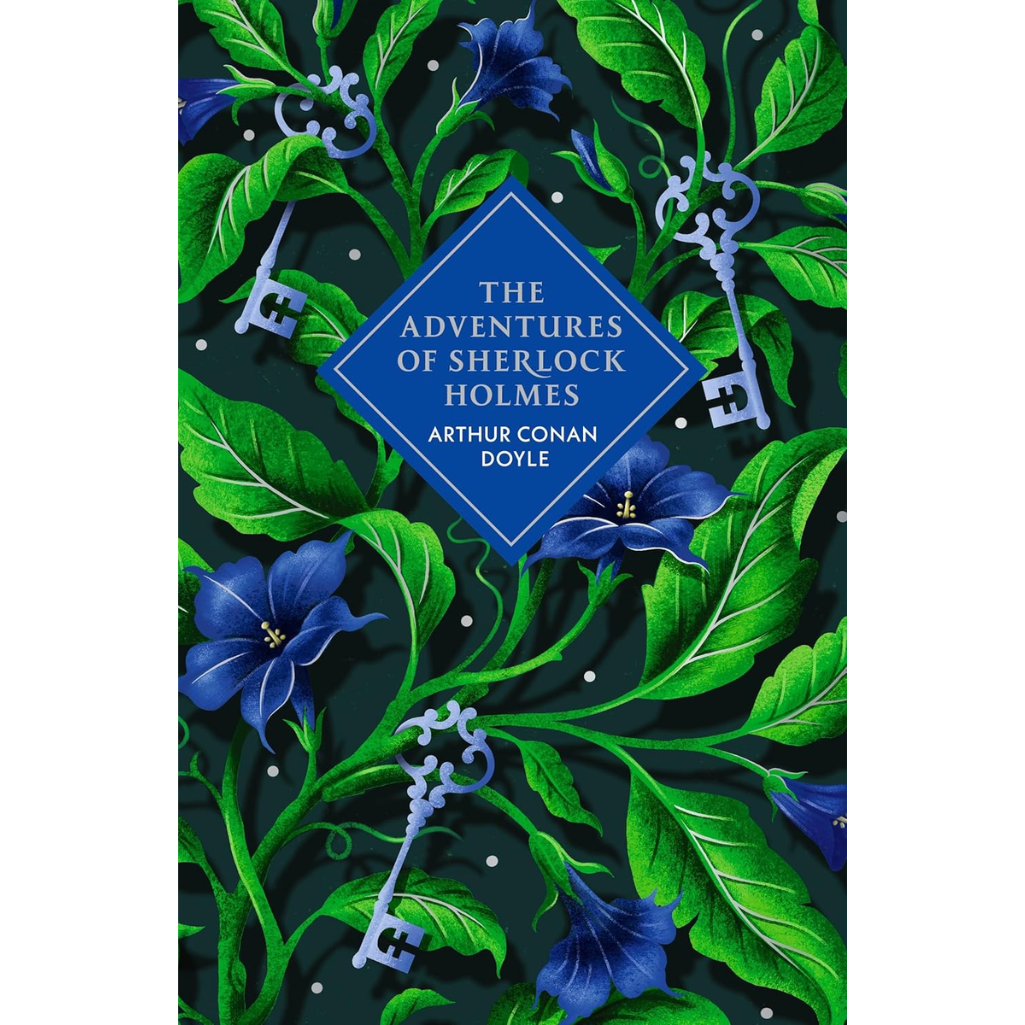 Book cover of 'The Adventures of Sherlock Holmes' with decorative elements on a dark background