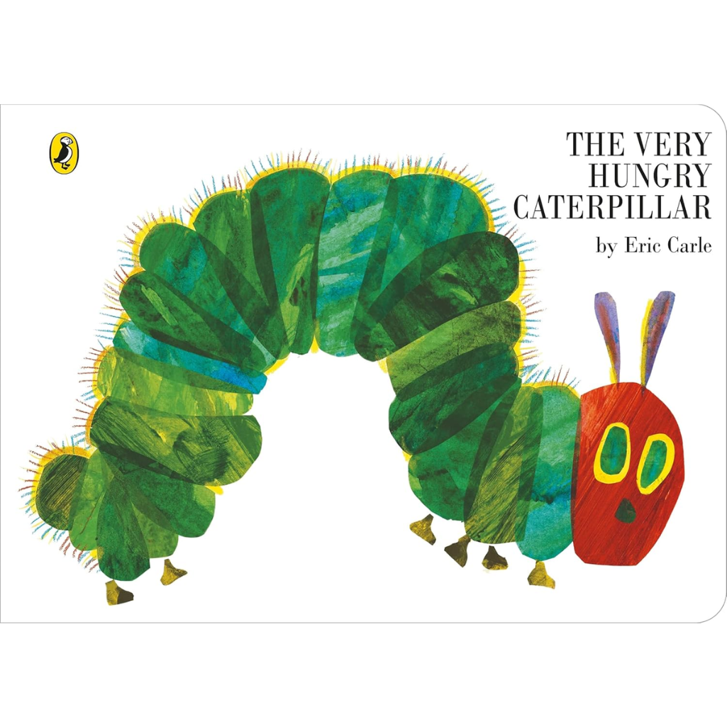 Book cover of 'The Very Hungry Caterpillar' with a green caterpillar and red head on a white background.