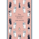 Book cover of 'The Complete Novels Jane Austen' with illustrations of couples on a pink background.