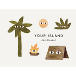 Book cover of 'Your Island' by Jon Klassen with illustrations of a palm tree, moon, and hut.