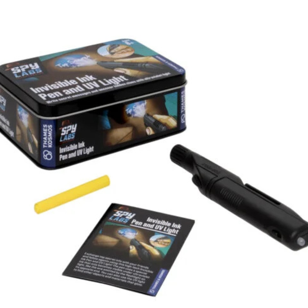 Spy Labs invisible ink pen and UV light set with packaging on a white background