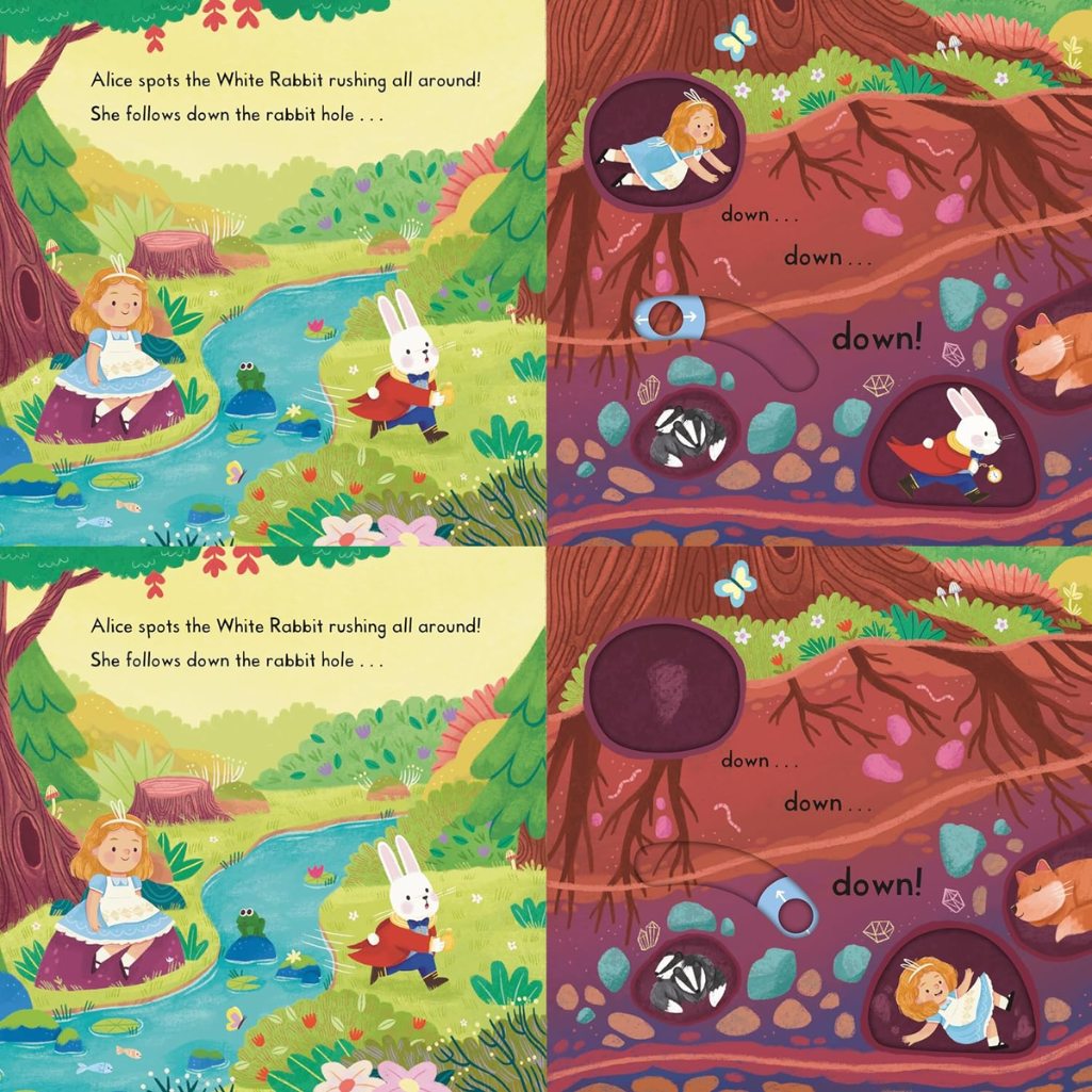 Illustrated children's book page with Alice and the White Rabbit in a fantasy landscape.
