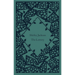 Book cover of 'The Lottery' by Shirley Jackson with decorative patterns on a teal background