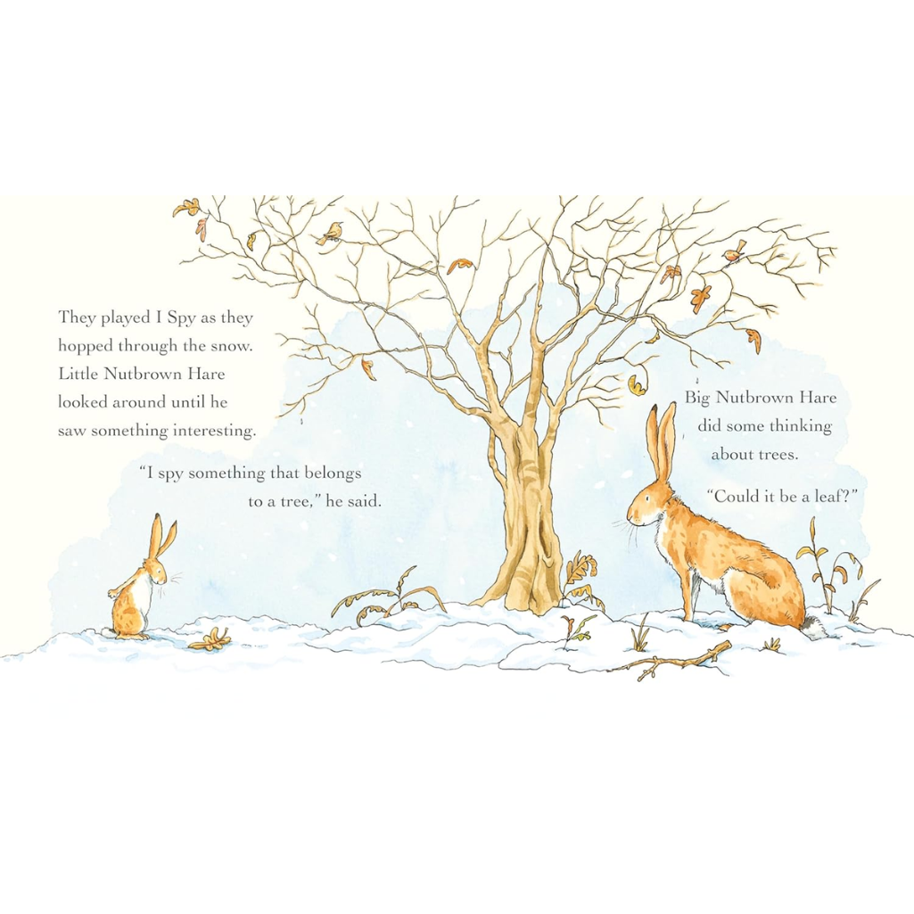 Illustration of two hares near a tree with text on a white background