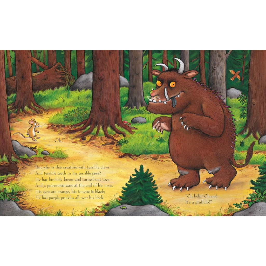 Illustration of a gruffalo and a mouse in a forest setting from a children's book.