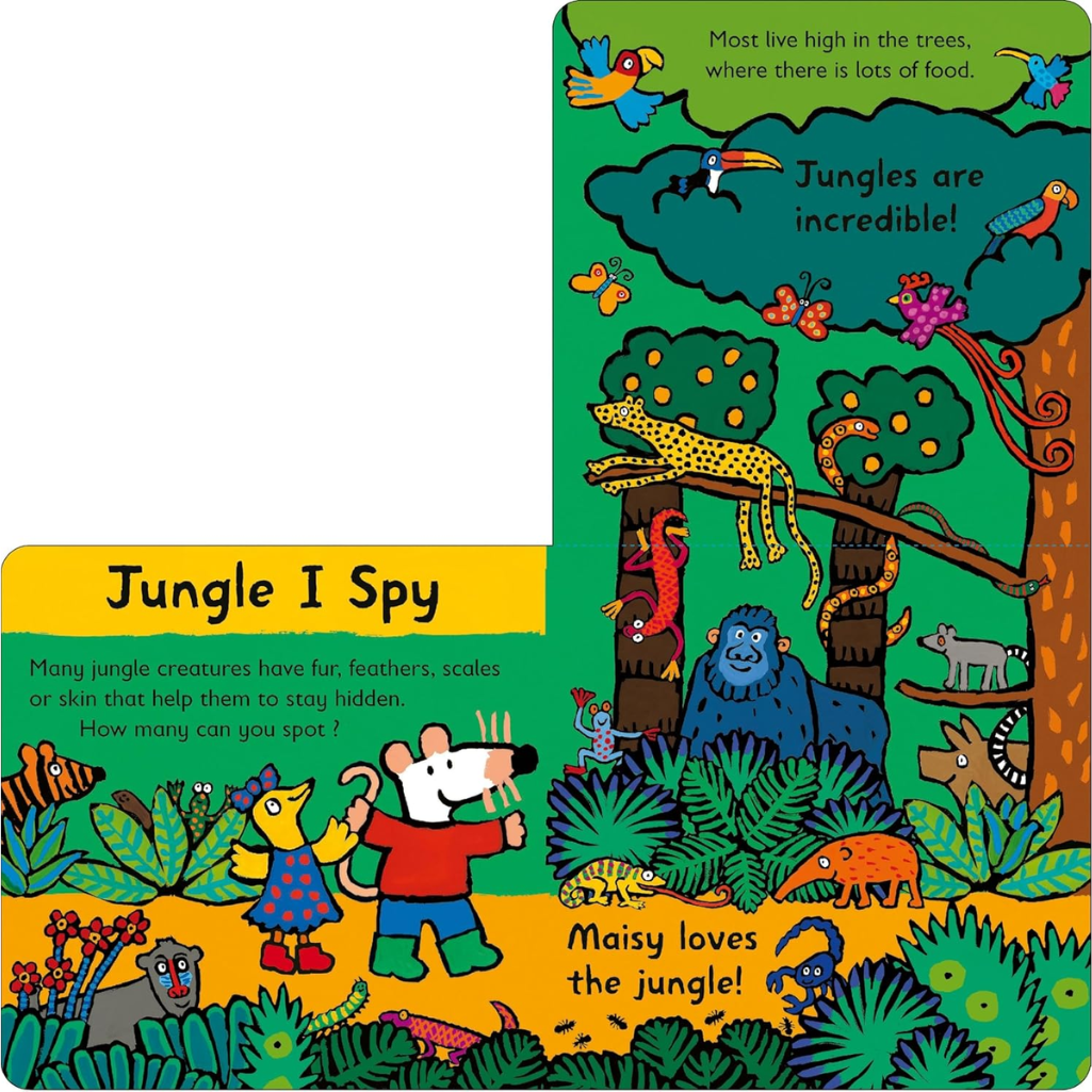 Children's book cover with a jungle theme featuring animals and text.