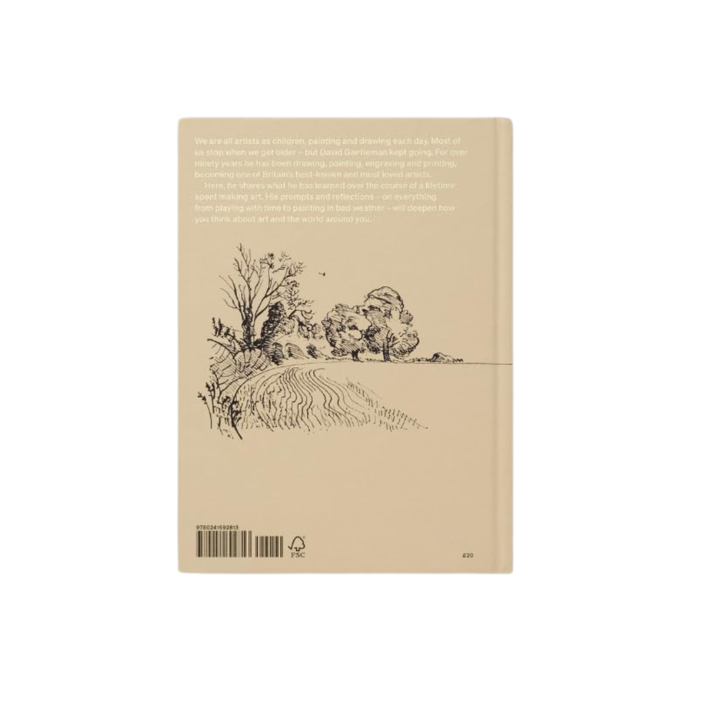 Beige book cover with black illustrations of a landscape and text on a white background